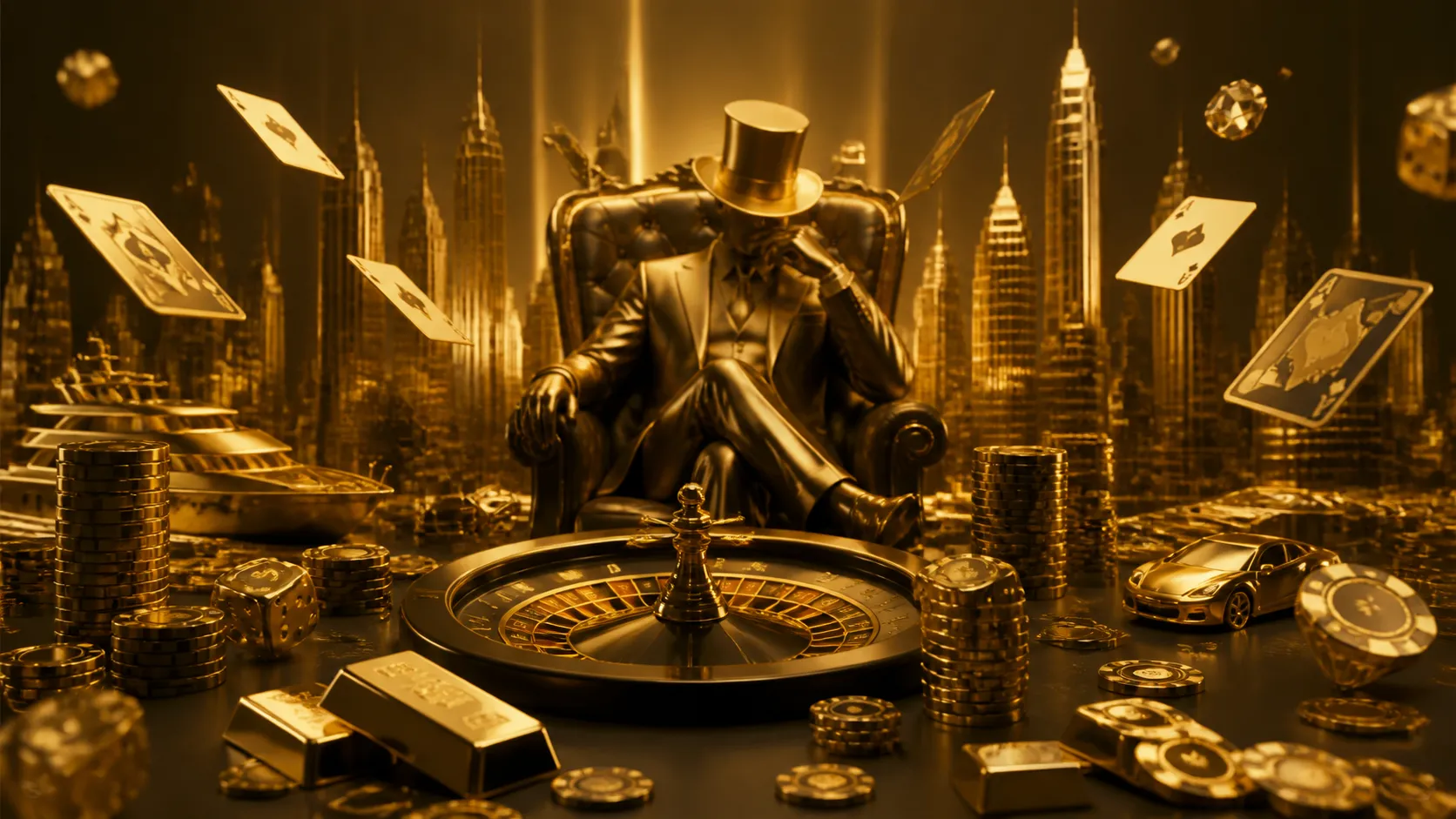 High-end casino hero banner image for Tycoon featuring a luxurious composition with poker chips and roulette wheel in a 3D is
