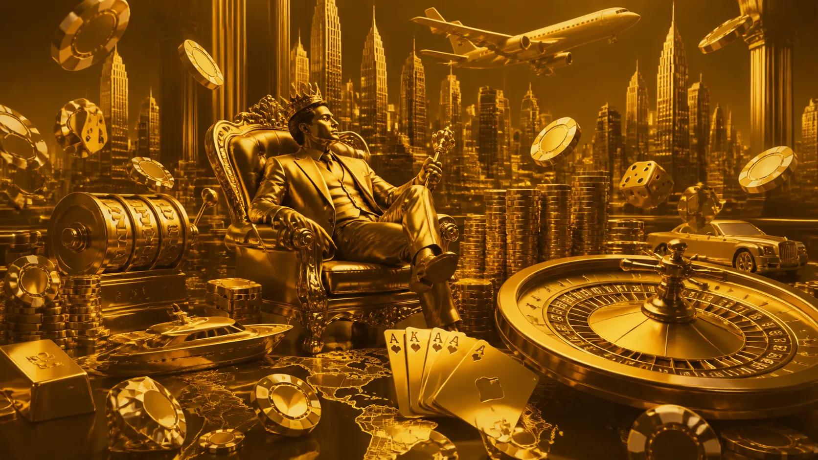 High-end Tycoon casino banner with dynamic poker chips, gold bars, and vibrant neon effects in a luxurious setting.